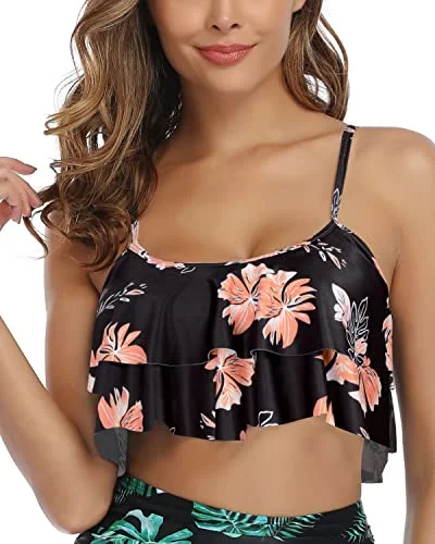 Adjustable Bra Style Swim Top Straps And Padds Ruffled Bikini Top-Black Orange Floral