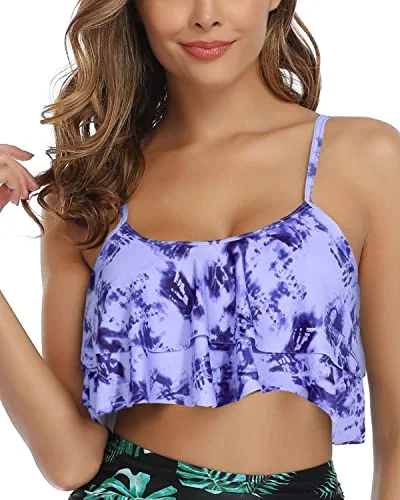 Fuller Bust Bikini Top Flounce Swim Top-Blue Tie Dye