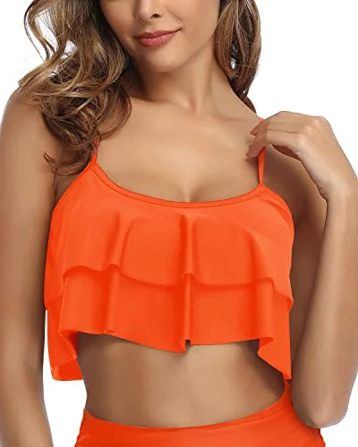 Halter Neck Women Ruffle High Waisted Bikini Top-Neon Orange