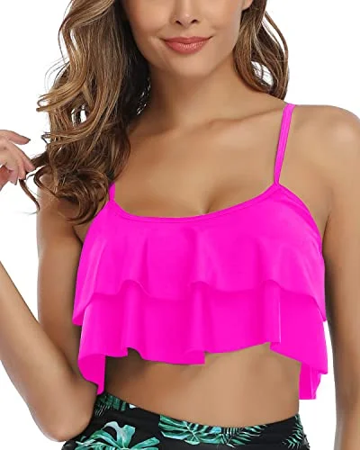 Stretchy Band Ruffled Swimsuit Tank Top For Women-Neon Pink