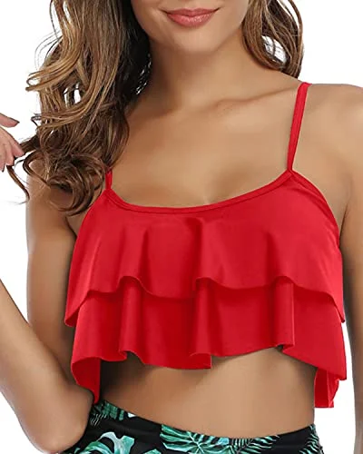 Adjustable Bra Style Ruffled Swimsuit Tank Top For Women-Red