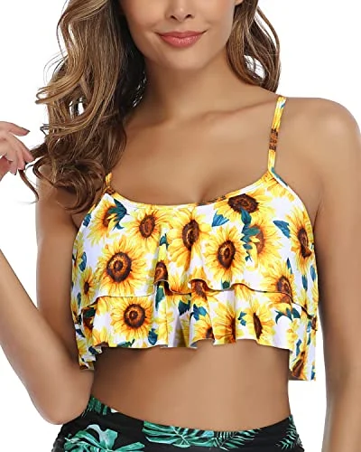 Sturdy Adjustable Bikini Top Flounce Swim Top-Yellow And Sunflower