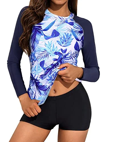 Sporty And Fashionable Ladies Long Sleeve Rash Guard Swimsuit-Blue And White Leaf