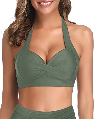 Adjustable Halter Neck Push Up Swim Top-Army Green