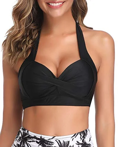 Adjustable Halter Neck Push Up Bikini Top For Women-Black