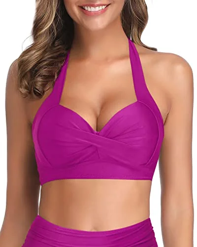 Vintage Padded Halter Retro Bikini Top For Women-Hot Pink