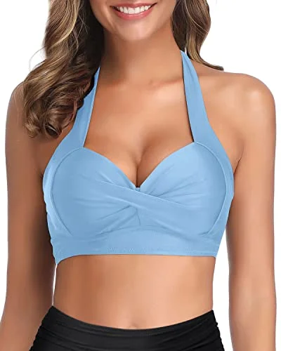 Clasp Hook Closure Halter Retro Bikini Top For Women-Light Blue