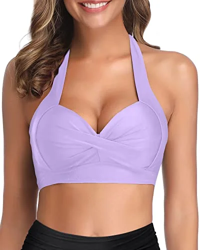 Push Up Halter Retro Bathing Suit Top-Light Purple