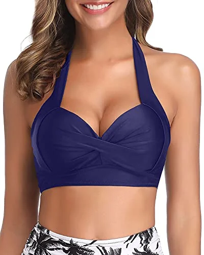 Soft And Stretchy Halter Neck Retro Bikini Top For Women-Navy Blue