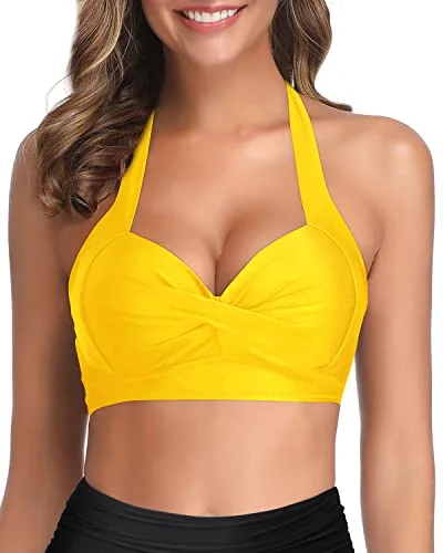 Adjustable Tie Halter Neck Retro Bikini Top For Women-Neon Yellow