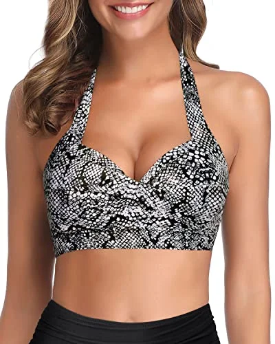 Mix And Match Halter Retro Bikini Top For Women-Orange Snake Print