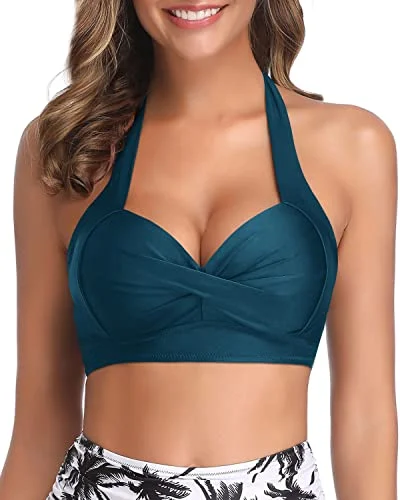 Halter Design Non-Slip Push Up Bikini Top-Teal